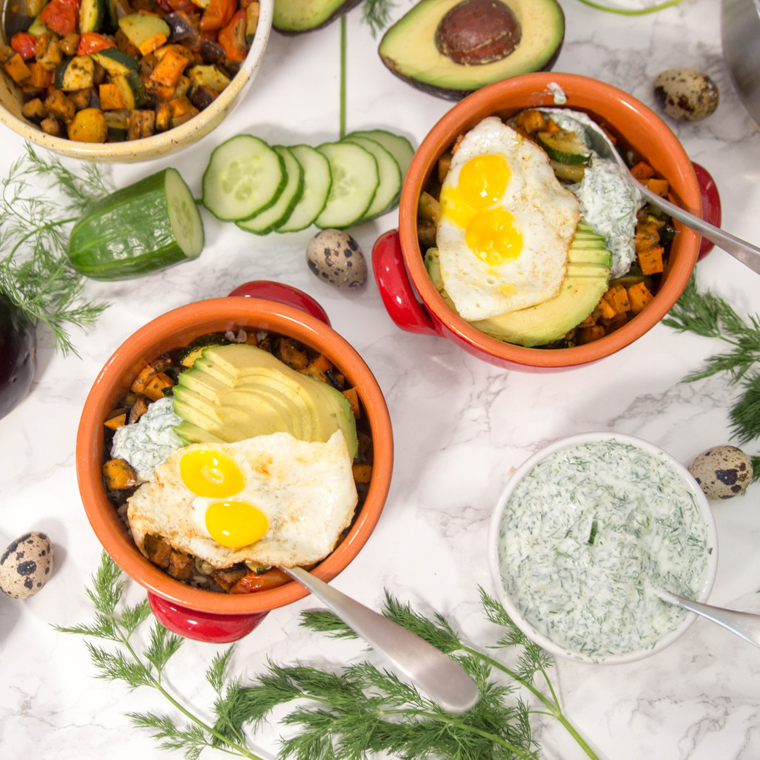 Roasted Veggie Buddha Bowl With Quail Eggs and ingredients