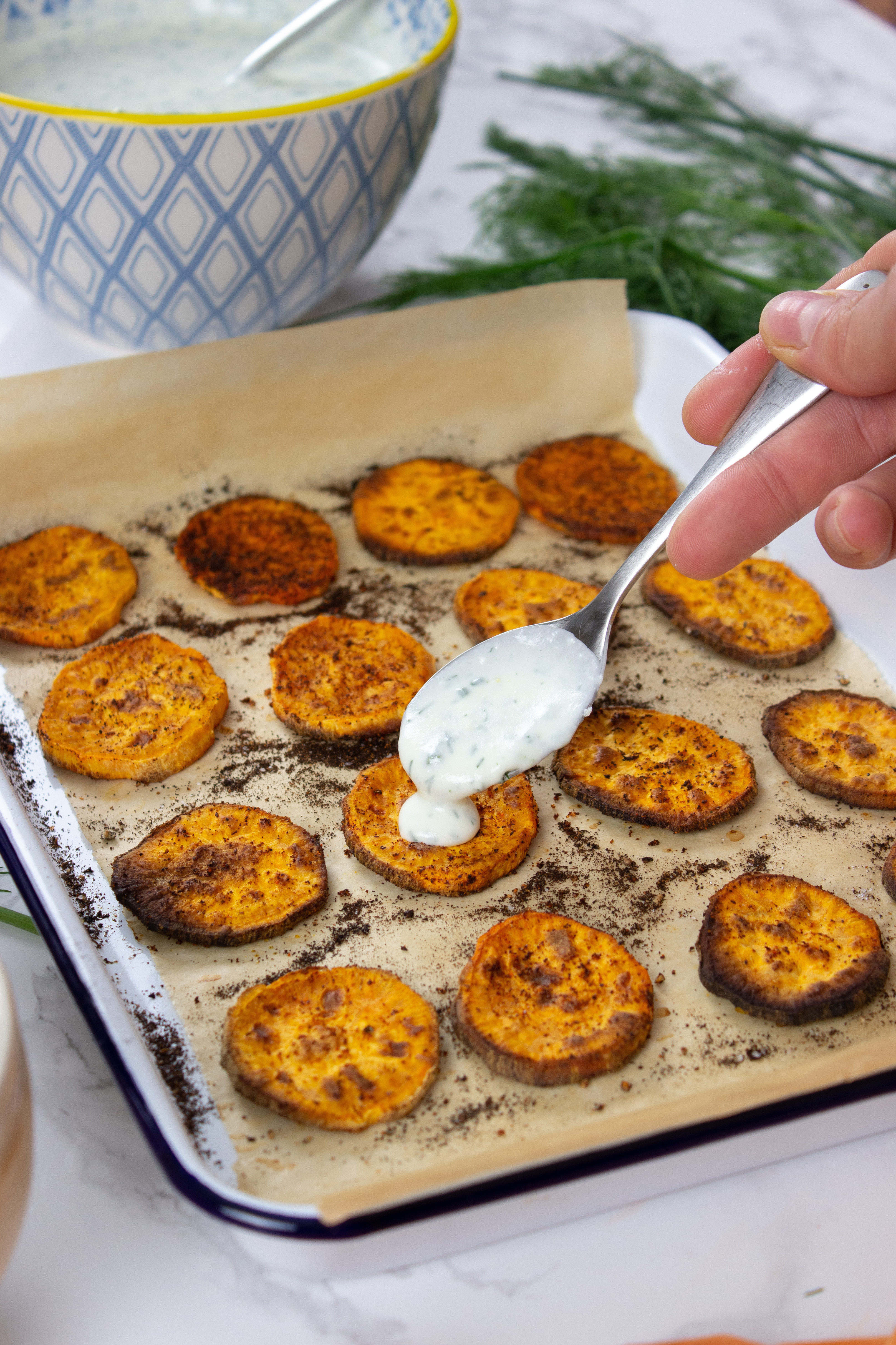 roasted sweet potatoes with Whipped feta