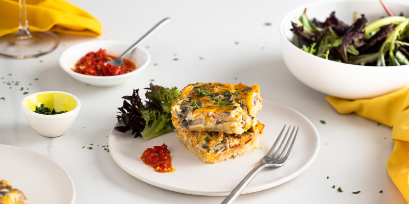 Bacon, Cheddar & Mushroom Squares With Quail Eggs