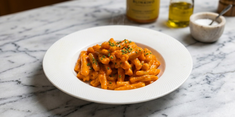 Silky Roasted Red Pepper Pasta with Quail Eggs