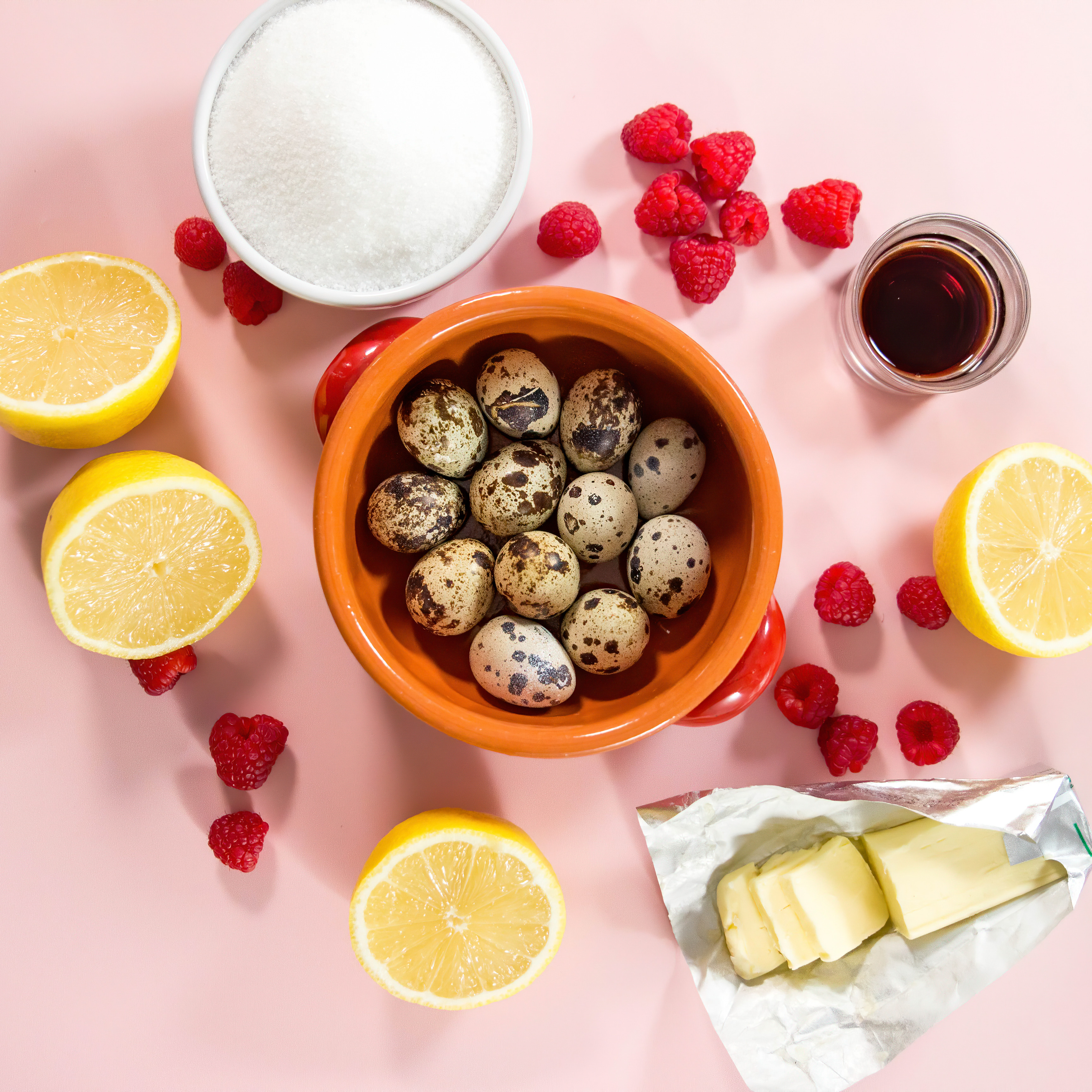 quail eggs and lemon and raspberries