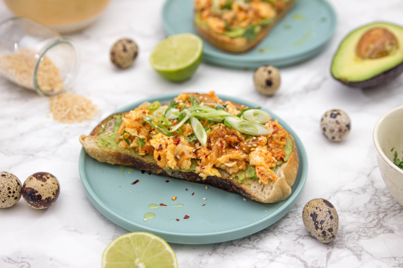 kimchi toast with quail eggs