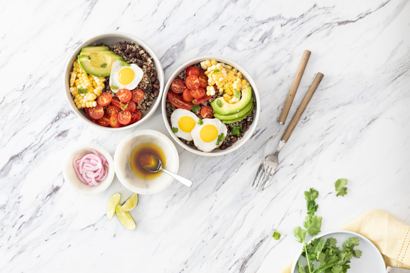 quinoa bowl with quail eggs