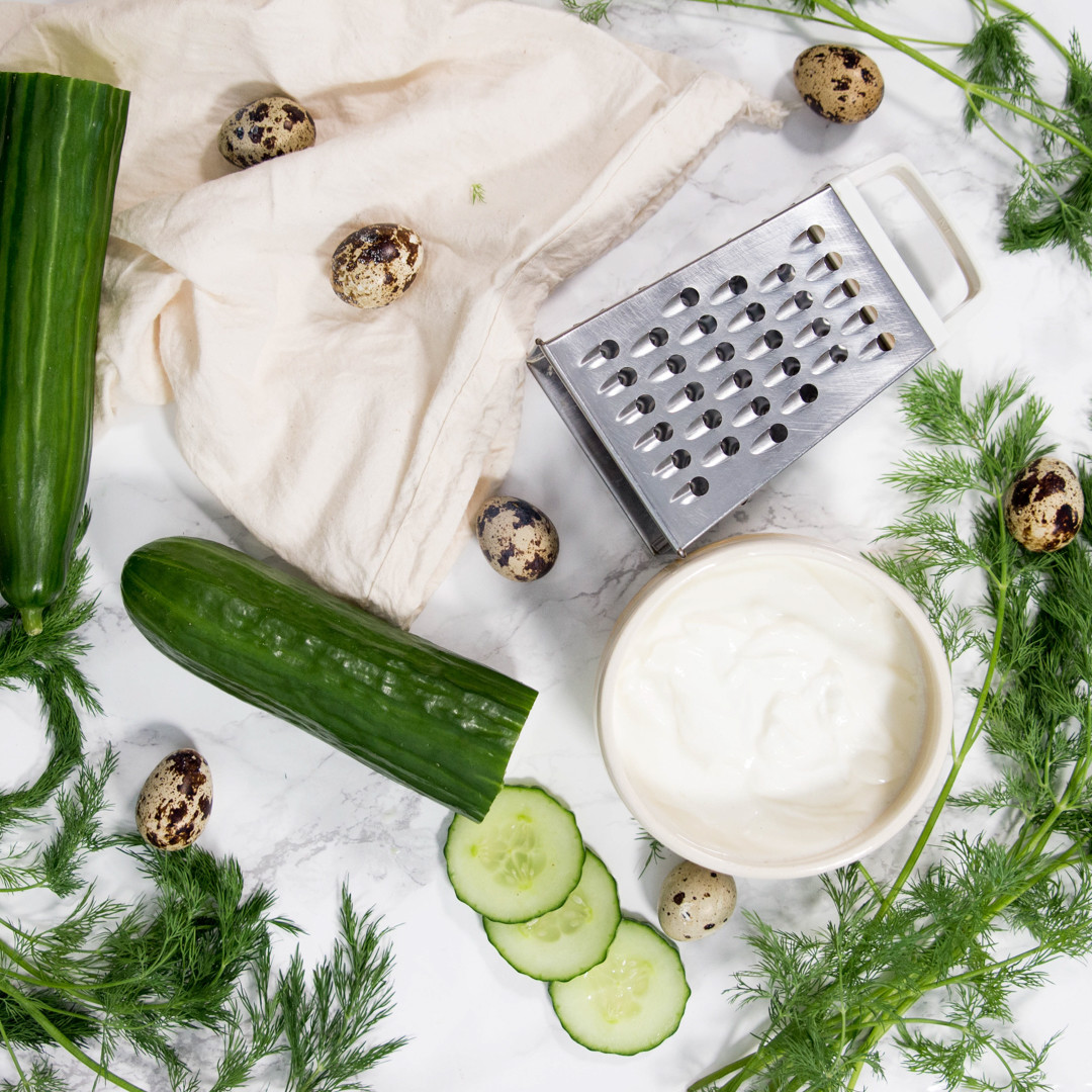 box grater, cucumber, dill and greek yoghurt
