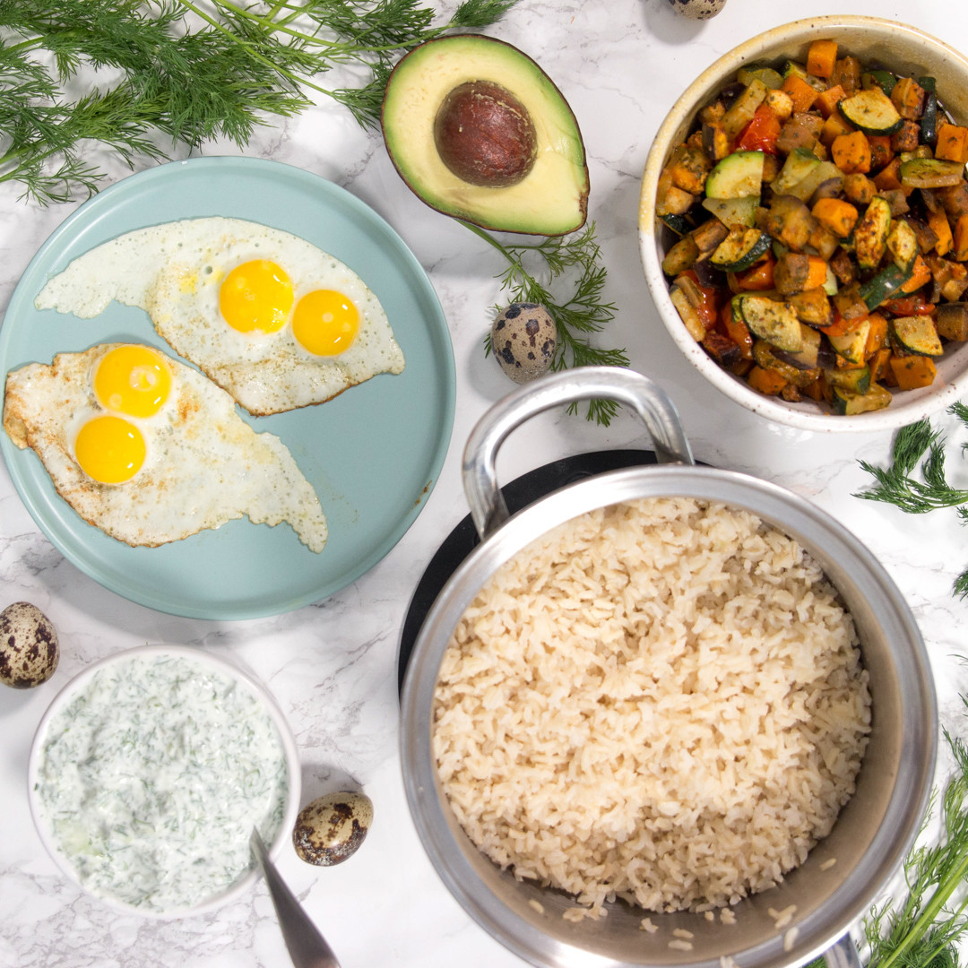 Roasted Veggie, Quail Eggs and rice