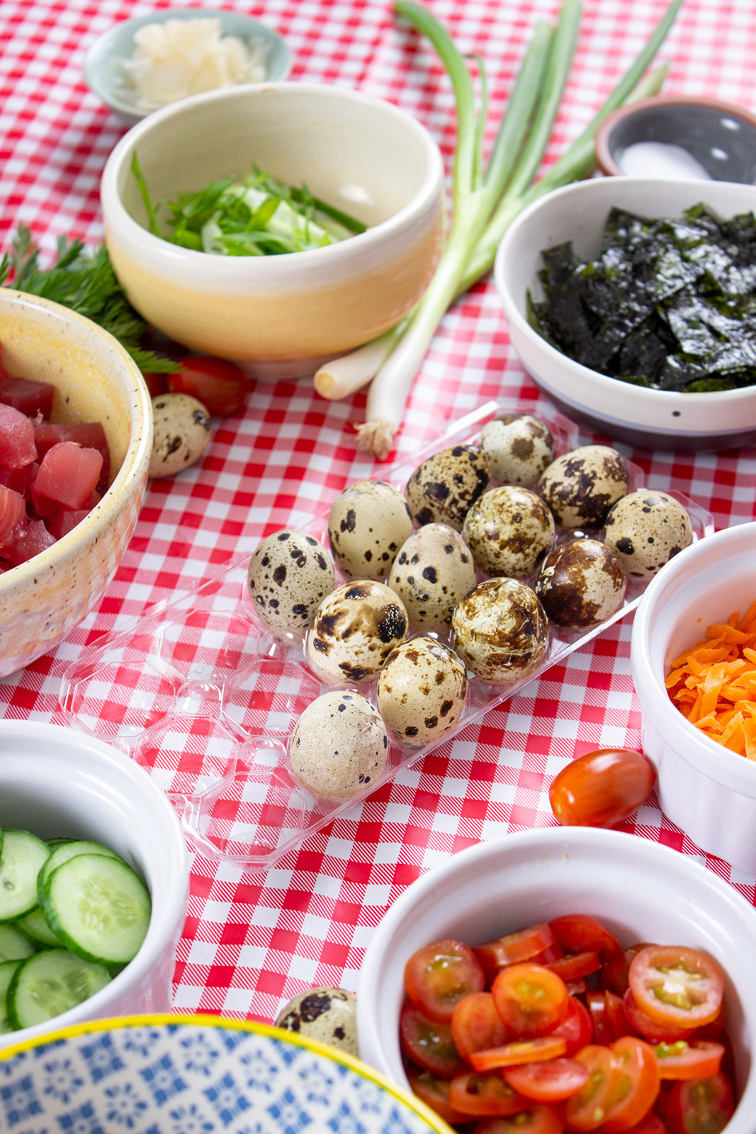 veggie ingredients and quail eggs on plaid table cloth