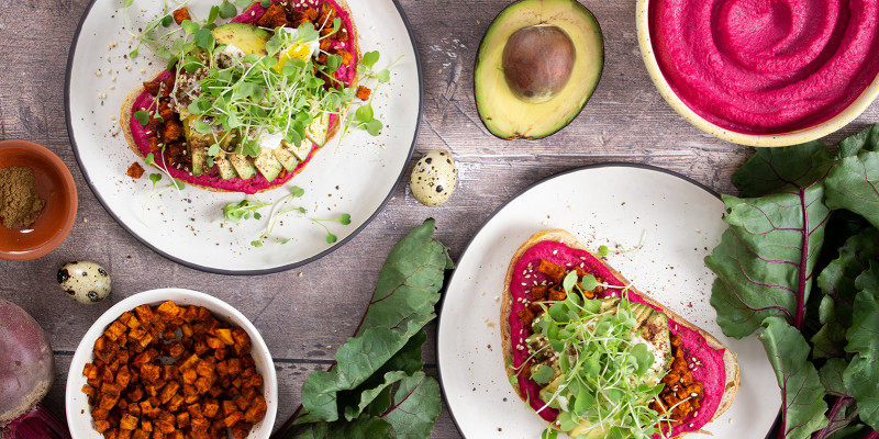 Beet Hummus Toast with Poached Quail Eggs