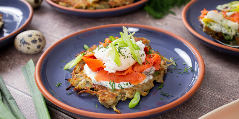 Potato Latkes With Poached Quail Eggs and Lemon Dill Creme Fraiche