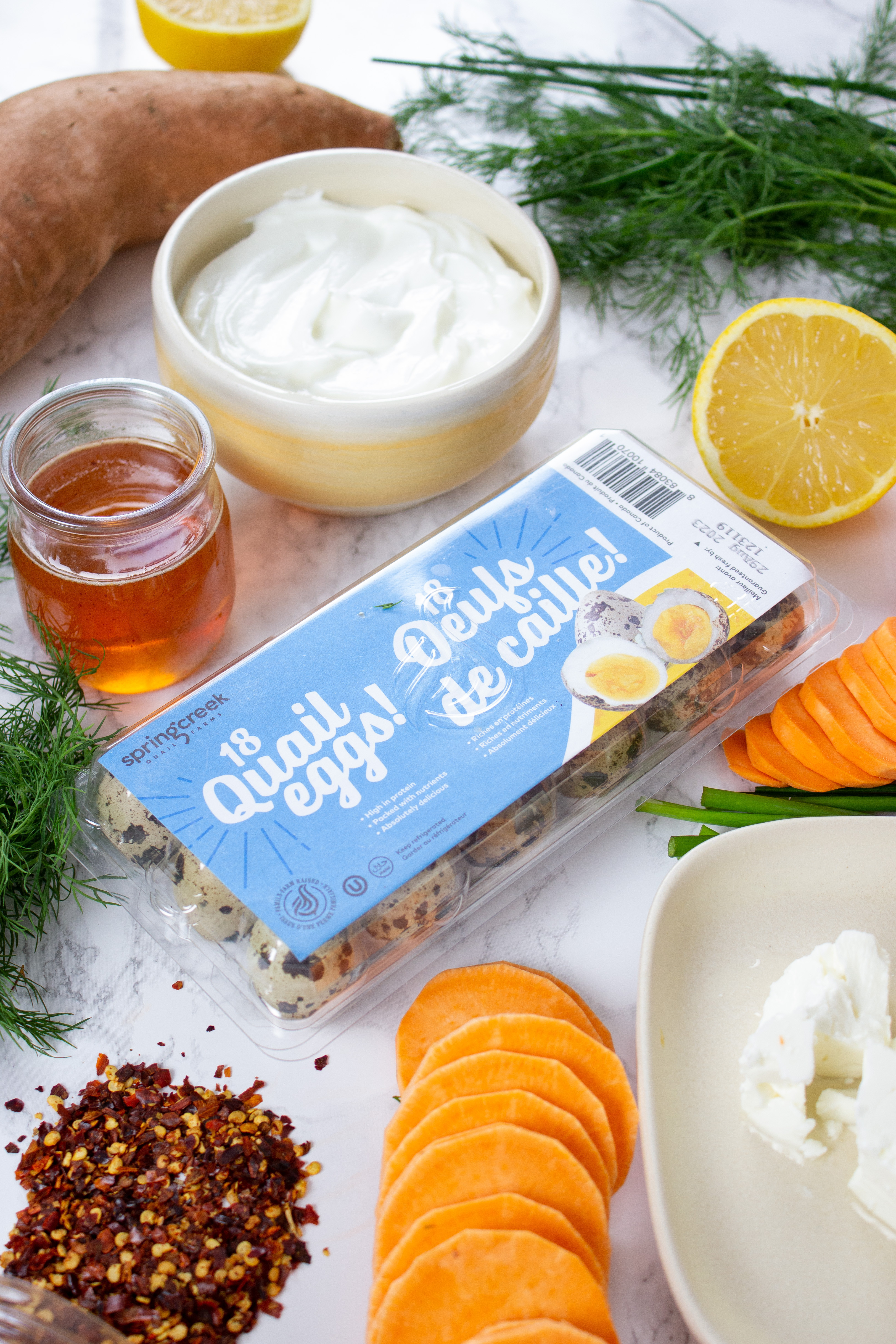 spring creek quail eggs with sweet potatoes and honey in jar