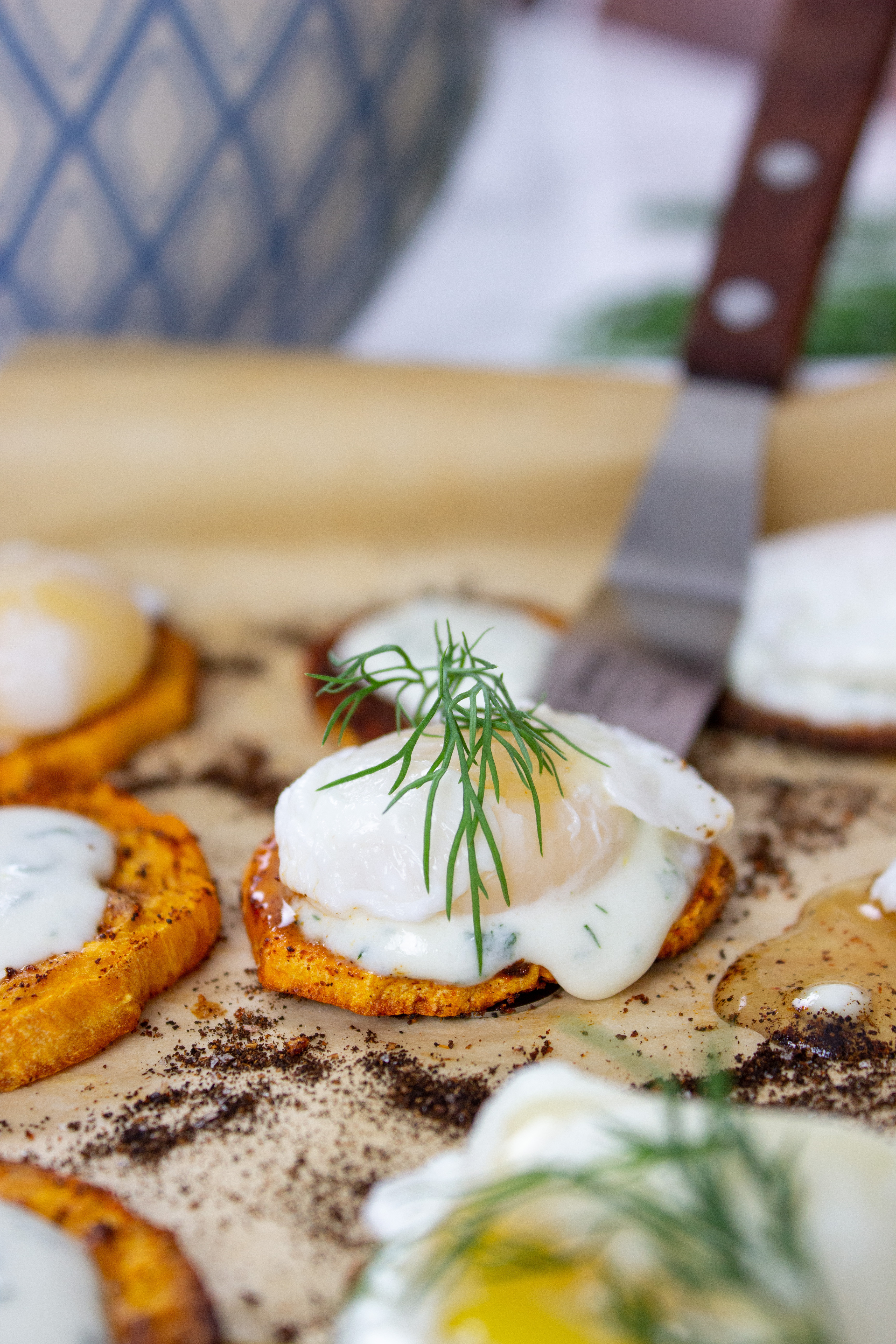 Sweet Potato Crostini with Poached Quail Eggs