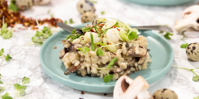 Miso Mushroom Risotto With Poached Quail Eggs