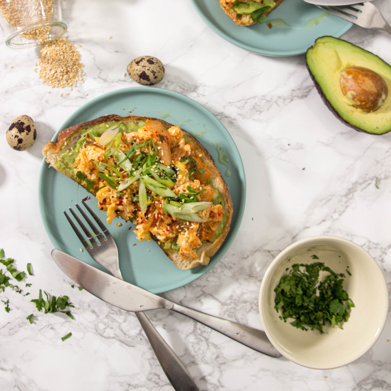 kimchi toast with quail eggs